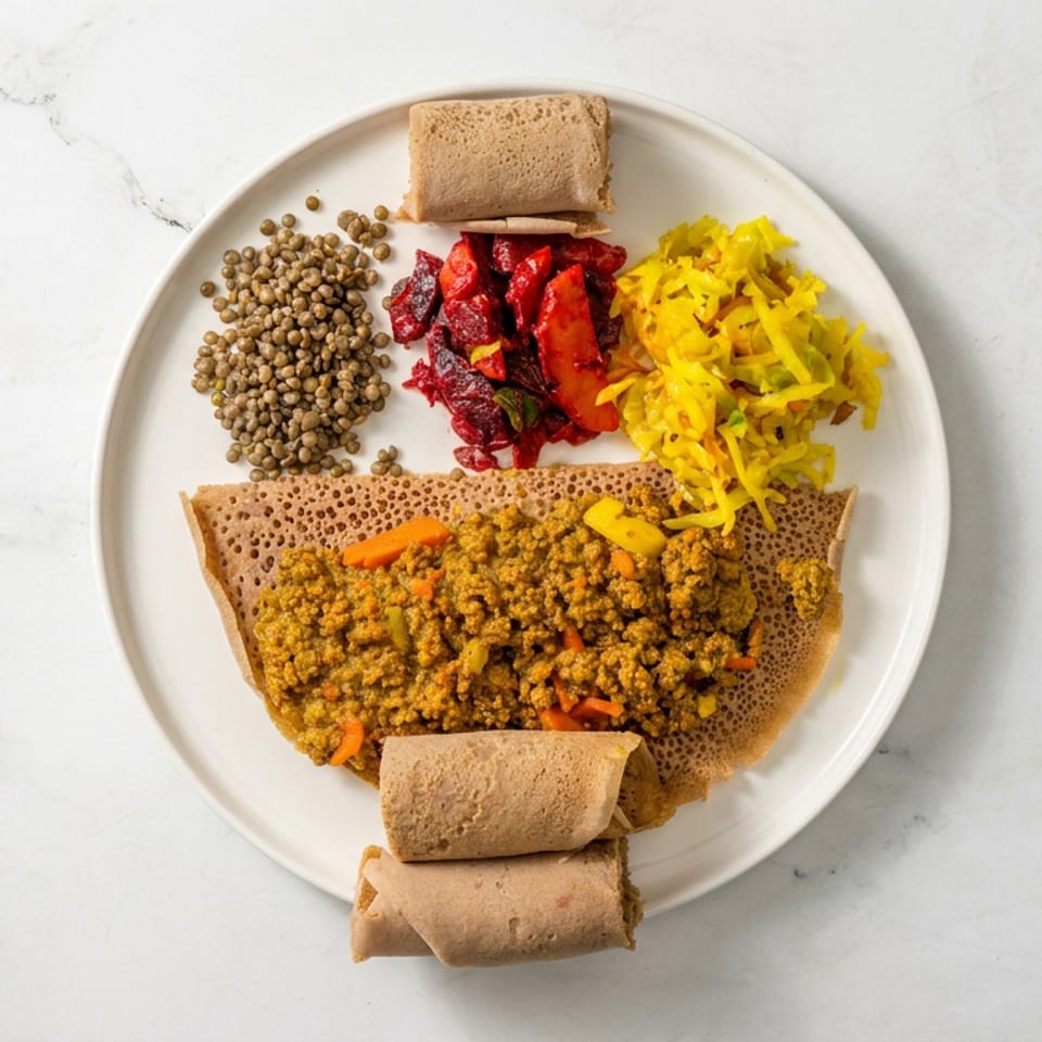 Ethiopian platter with injera, lentils, spiced stew, beets, yellow cabbage, and rolled injera on a white plate.